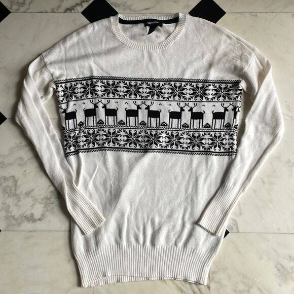 Repartee White & Black Reindeer & Snowflake Sweater - Picture 1 of 5